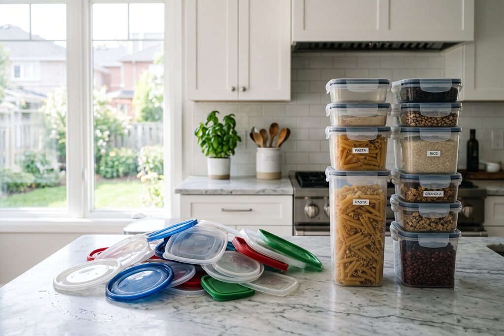 A kitchen counter filled with food storage containers sorted into matching stacks and unmatched lids ready to be purged