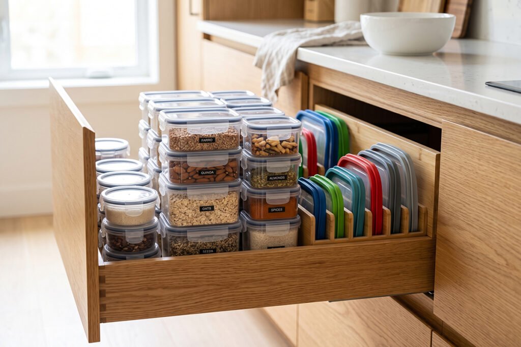 A neatly organized deep kitchen drawer containing stacked plastic Tupperware bases and vertically stored lids in dividers