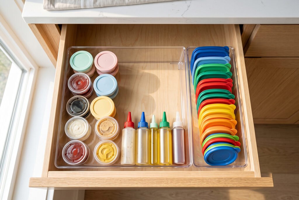 A small clear acrylic bin holding mini condiment containers and tiny Tupperware lids inside a kitchen drawer