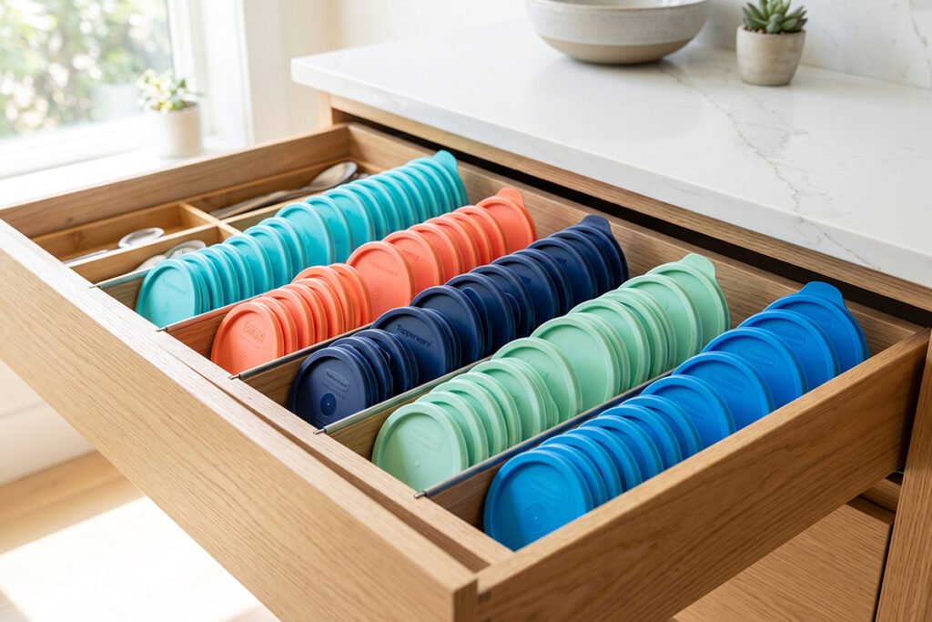 A vertical lid organizer holding multiple colorful Tupperware lids neatly inside a deep kitchen drawer