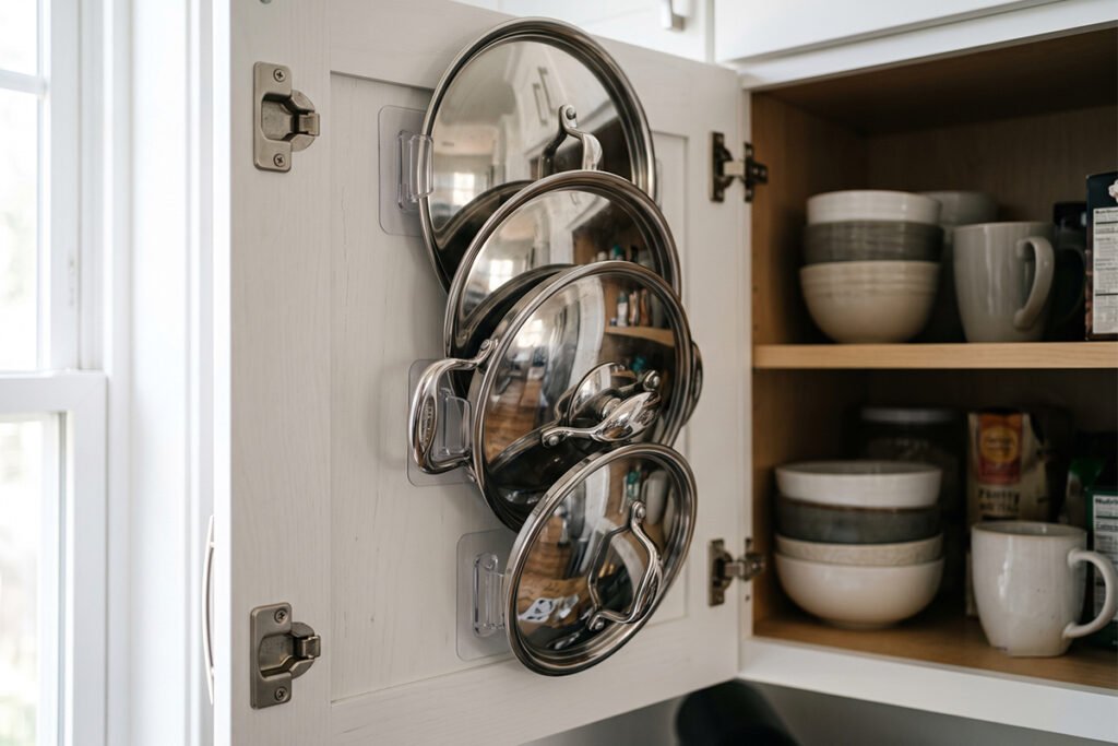 Adhesive bracket holders holding lids on the inside of a cabinet door