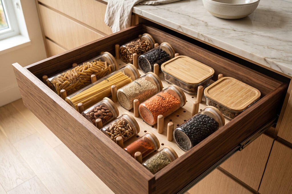 Adjustable pegboard system in⁠side a deep kitch‍en d⁠rawer organi‍zing glas‌s fo​od containers