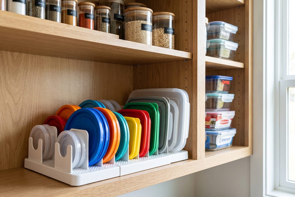 Adjustable white lid rack organizing plastic container lids inside a kitchen cabinet