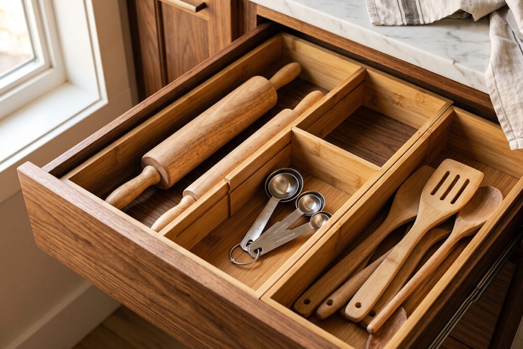 Adjustable wooden drawer dividers sectioning a deep drawer into custom compartments for kitchen storage