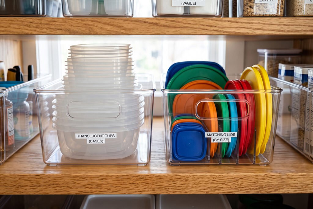 Clear plastic storage bins separating container bases and lids on a cabinet shelf