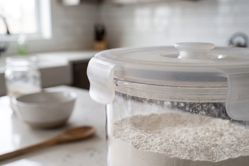 Close-up of a silicone gasket lid creating an airtight seal on a flour container