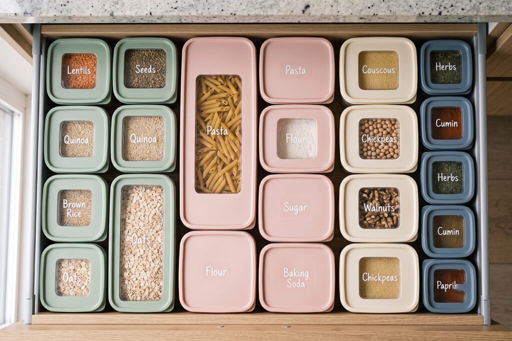 Color-coordinated plastic containers arranged in a deep drawer