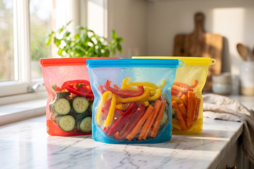 Colorful reusable silicone storage bags holding fresh sliced vegetables