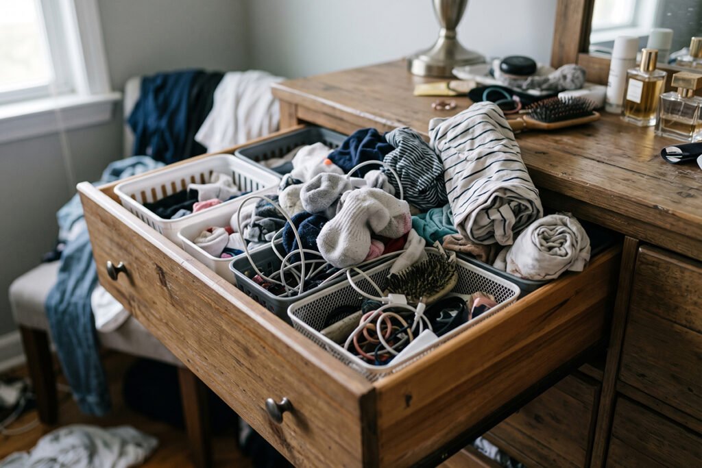 Common drawer organizer mistakes showing overcrowded containers