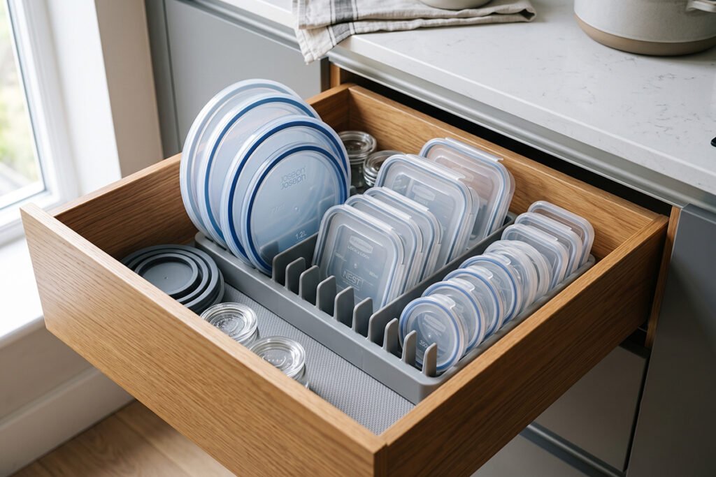 Compact plastic lid organizer sorting various sized container tops inside a drawer