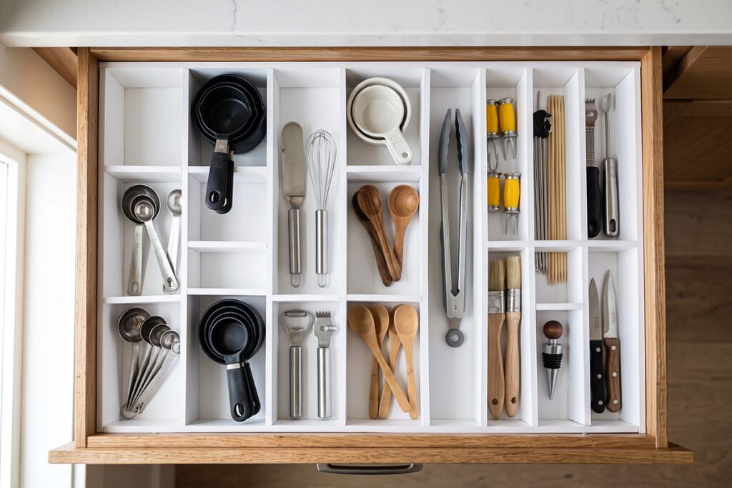 DIY foam-core grid installed inside a kitchen cabinet drawer