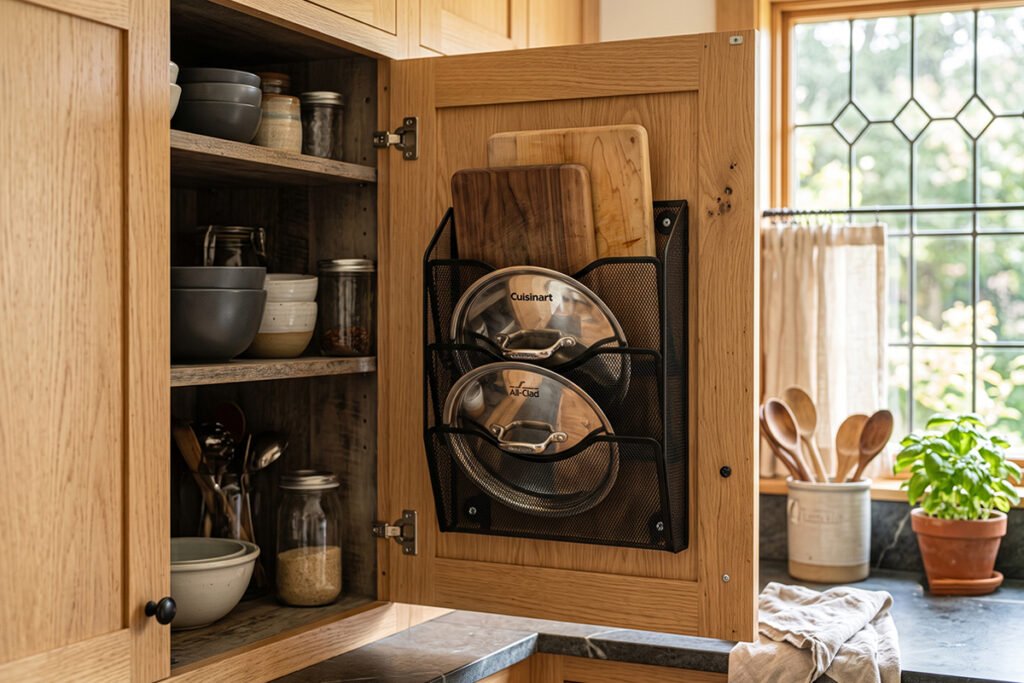 DIY kitchen cabinet lid holder made from a repurposed desktop file sorter