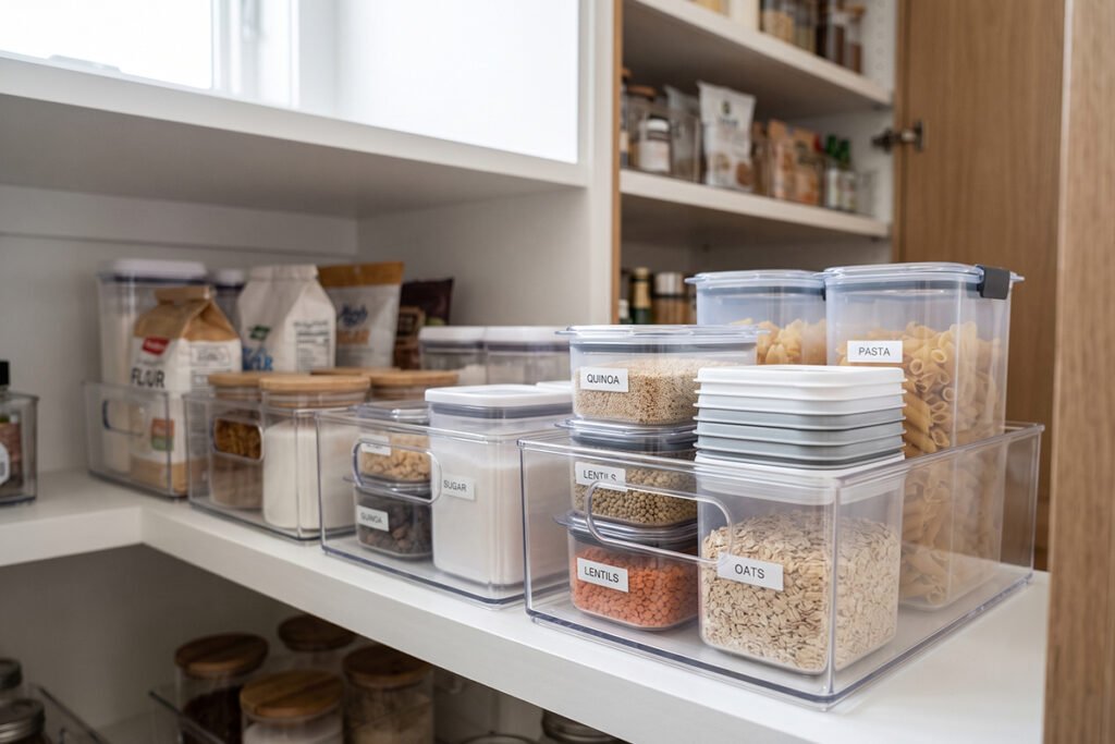 Deep acrylic trays organizing plastic food containers