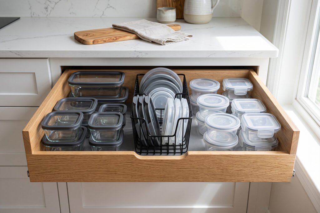 Deep drawer organized with Tupperware bases and a central lid basket