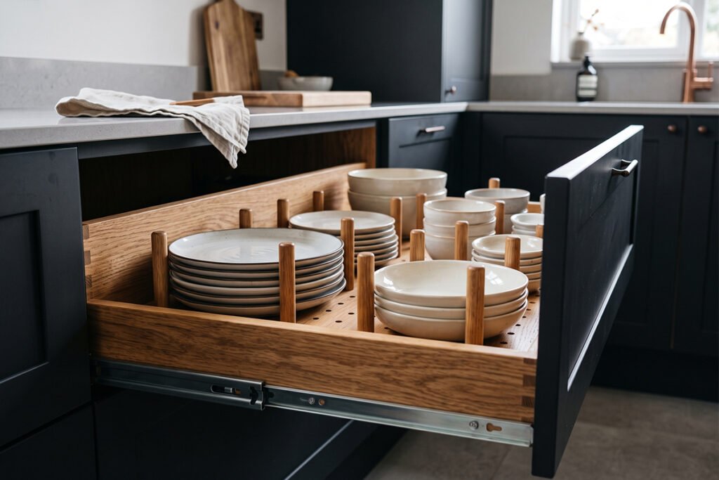 Deep kitchen drawer equipped with a wooden pegboard system