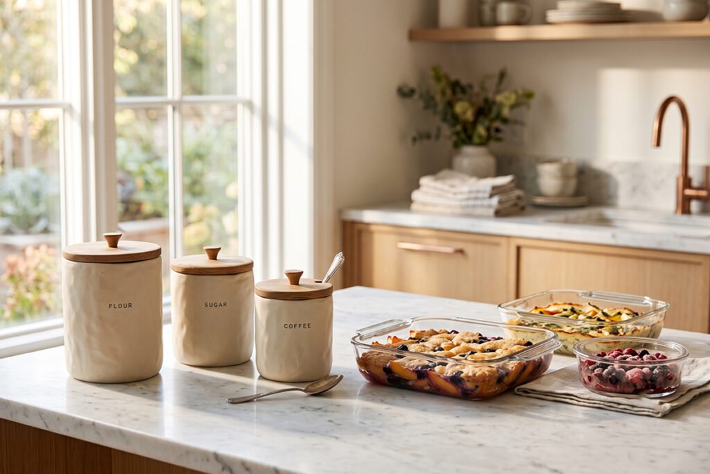 Elegant ceramic counter canisters sitting next to clear glass baking dishes