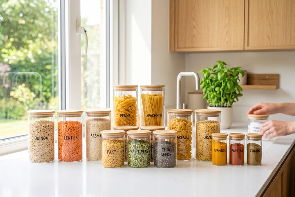 Empty kitchen counter with organized food containers during a decluttering session