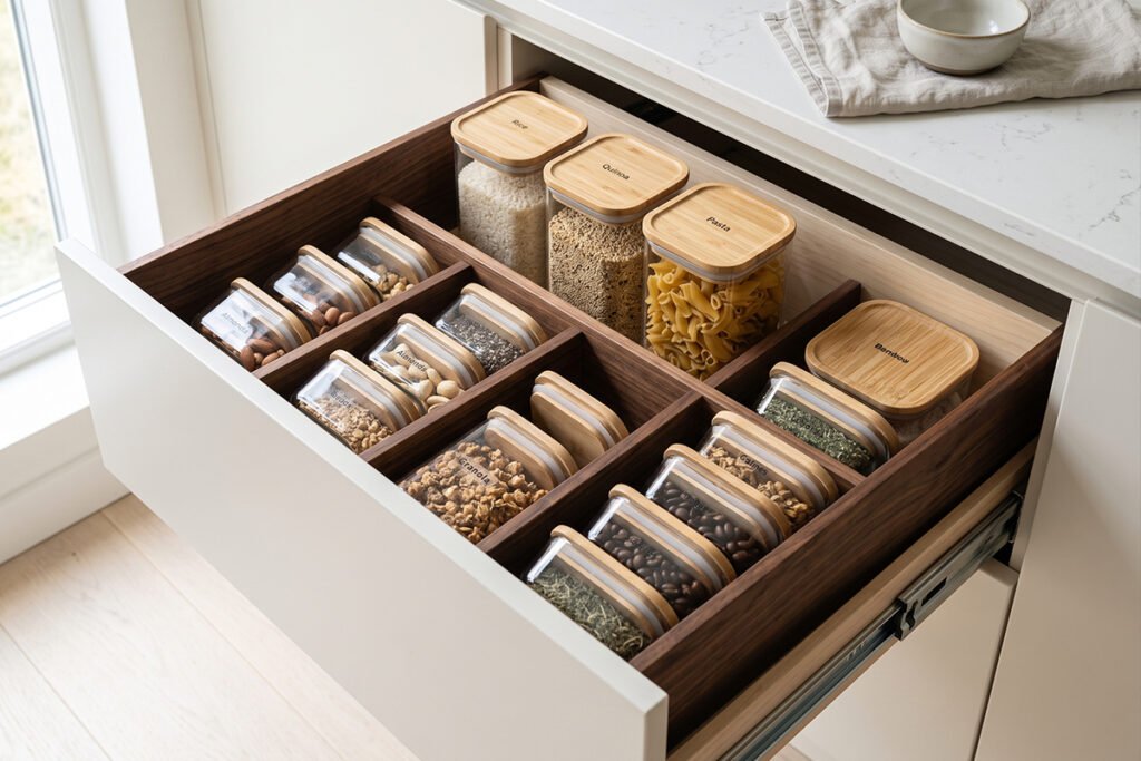 Expandable drawer dividers separating food storage containers