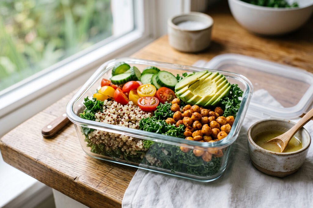 Glass meal prep container filled with a healthy salad ready for storage