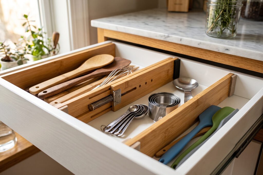 High-rated spring-loaded bamboo drawer dividers in action