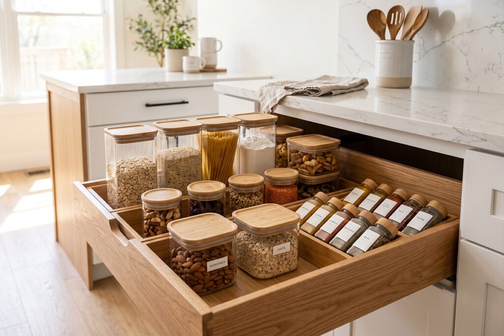 Kitchen Cabinet Food Storage Containers Organization Ideas showing organized deep drawers