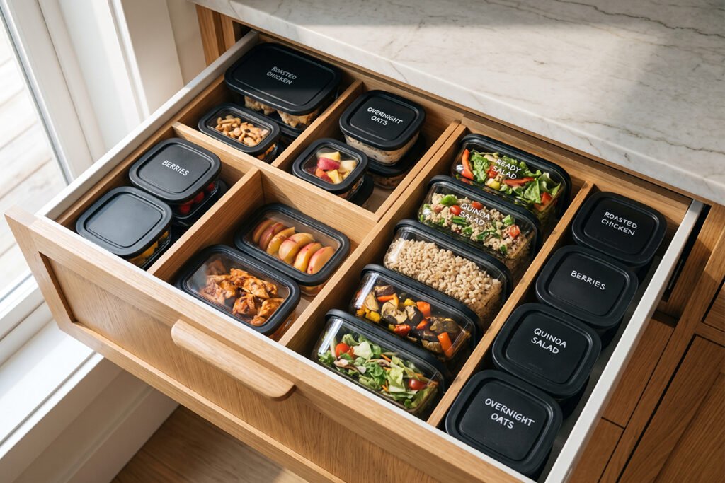 Maximized deep kitchen drawer with stacked containers and dividers
