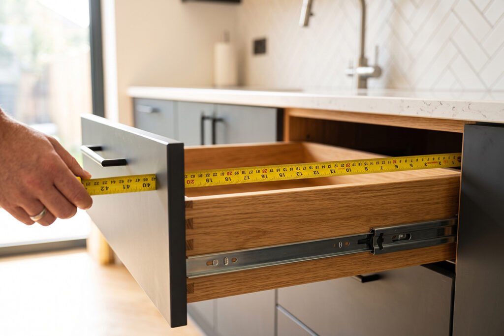 Measuring tape checking the interior dimensions of a deep kitchen drawer