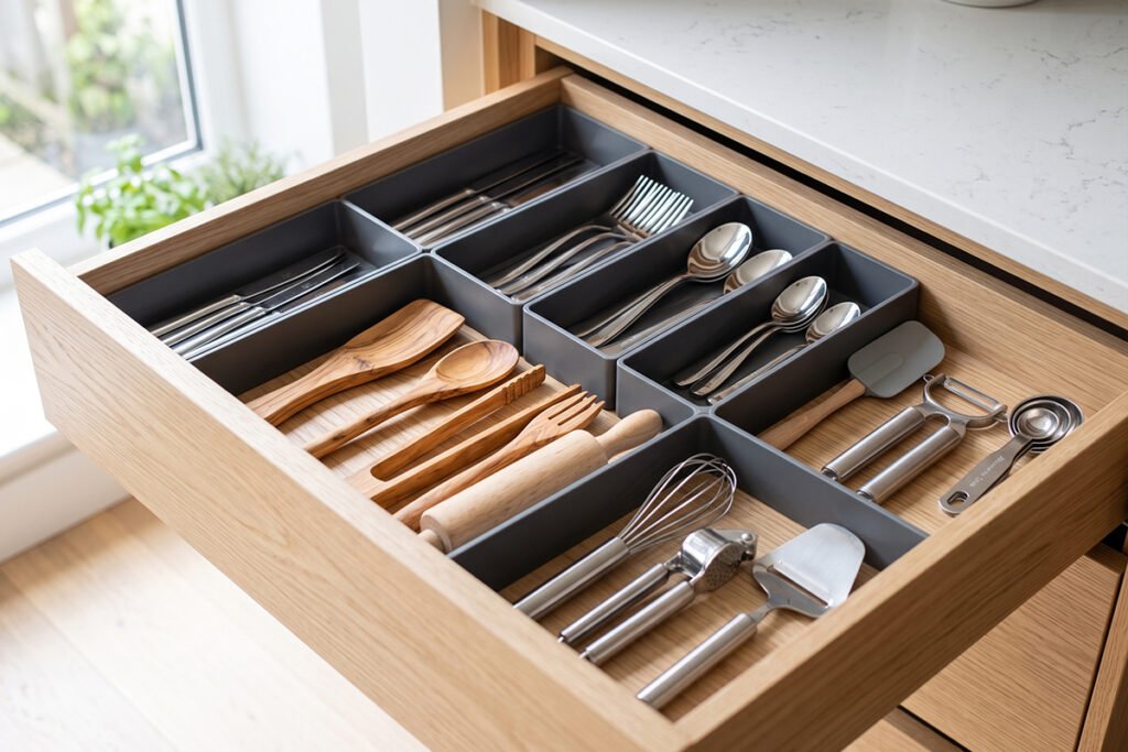 Modern modular drawer organizers arranged in a clean kitchen