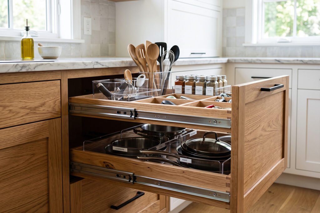 Multi-tiered sliding organizer inside a deep cabinet drawer