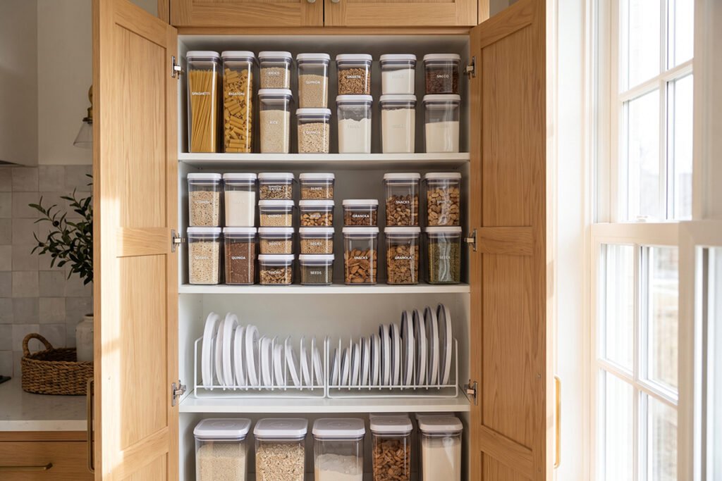 Neat kitchen cupboard with stacked plastic containers and vertical lid divider