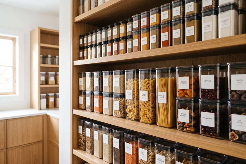 Neatly organized pantry featuring matching stackable modular canisters