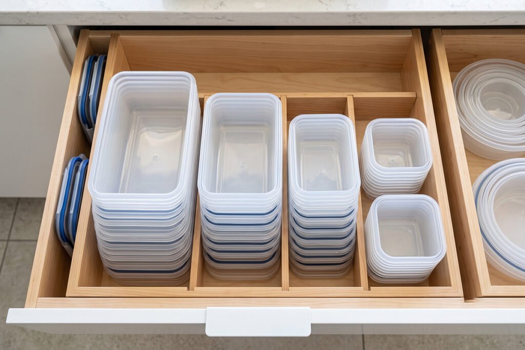 Perfectly nested plastic food storage container bases organized neatly by size in a deep kitchen drawer