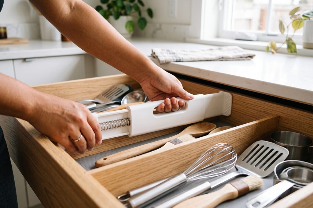 Person installing a spring-loaded divider inside a kitchen drawer