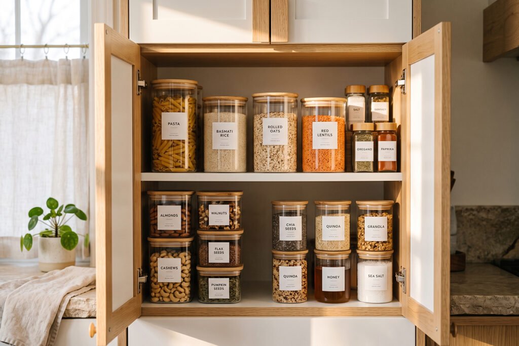 Pinterest-inspired aesthetic small kitchen cabinet with uniform clear storage containers