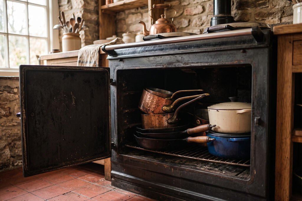 Pots and cookware neatly stored inside a traditional kitchen oven