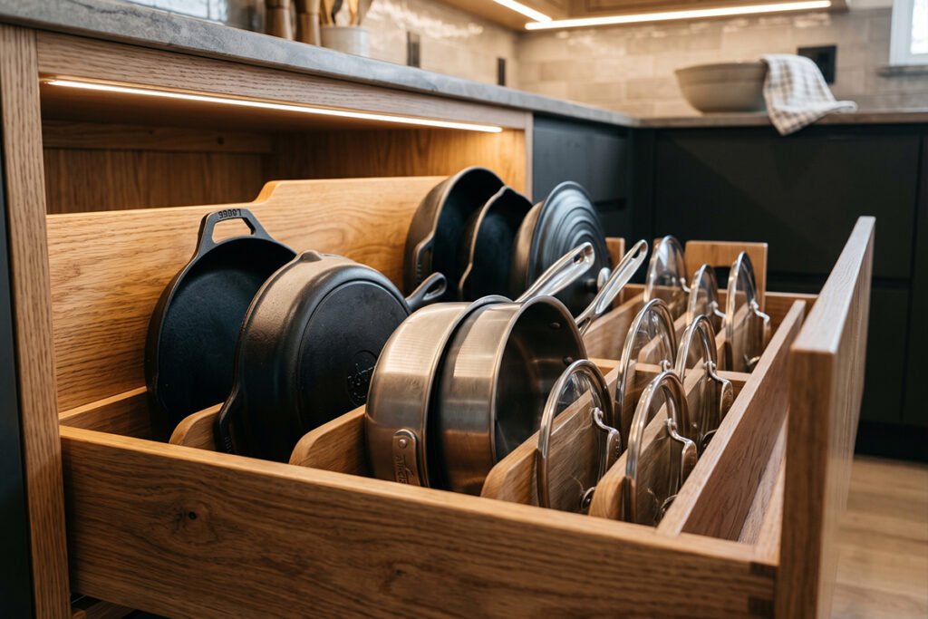Pots and pans organized vertically in a deep cabinet drawer