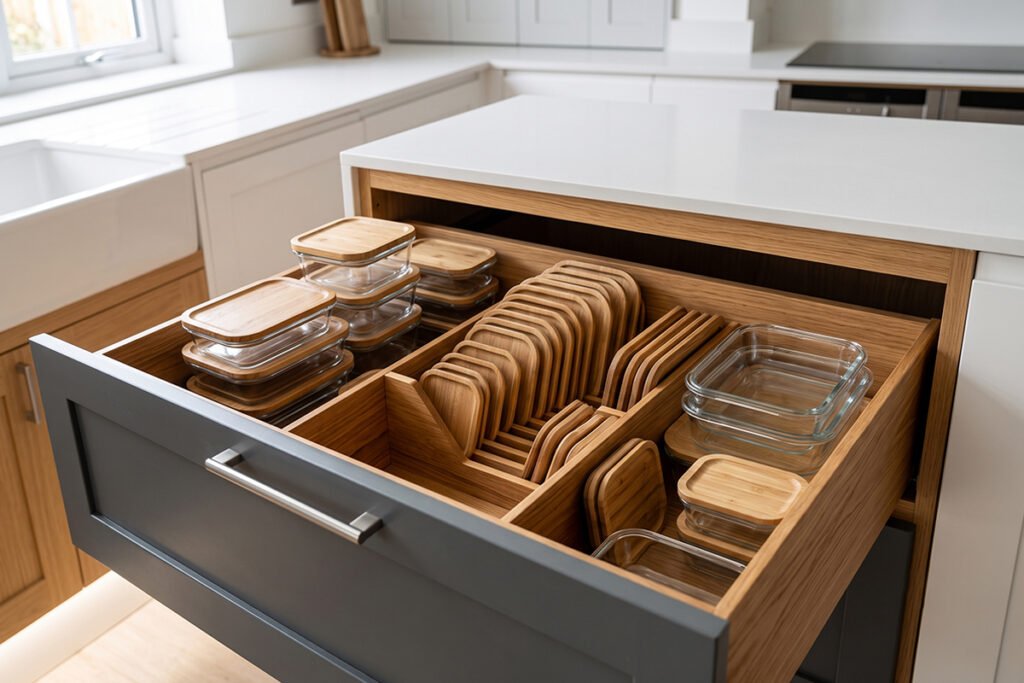 Premium wooden all-in-one container and lid organizer inside a wide drawer