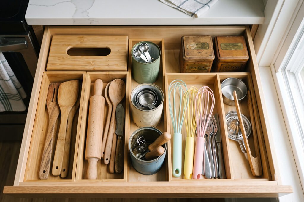 Repurposed household items used as kitchen drawer dividers