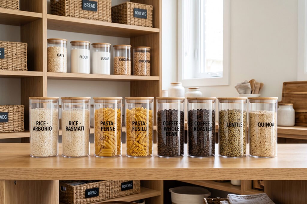 Row of clear matching acrylic canisters organizing dry goods on pantry shelves
