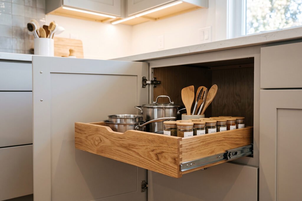 Slide out wooden drawer modification installed in a lower kitchen cabinet