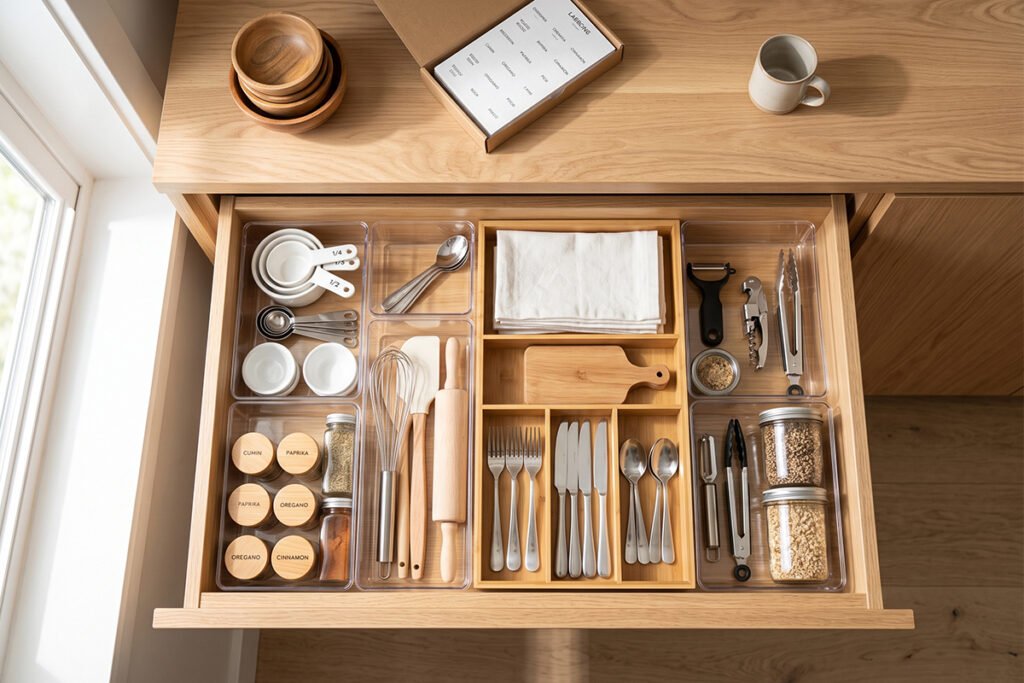 Step-by-step deep drawer organization process showing sorted containers
