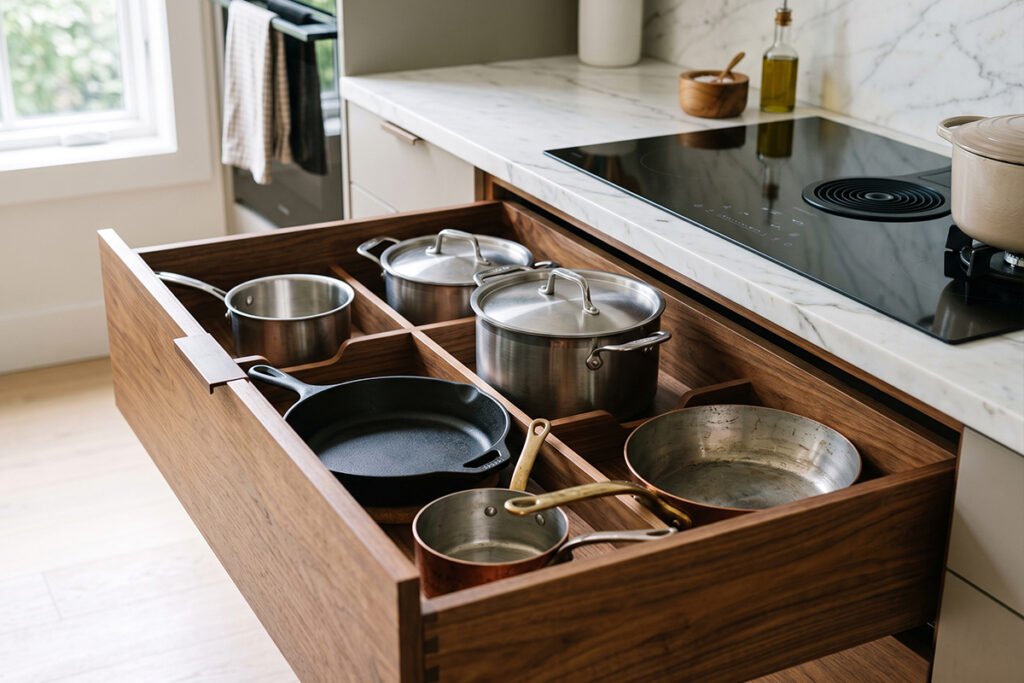 Stovetop adjacent deep drawer stocked with organized cookware