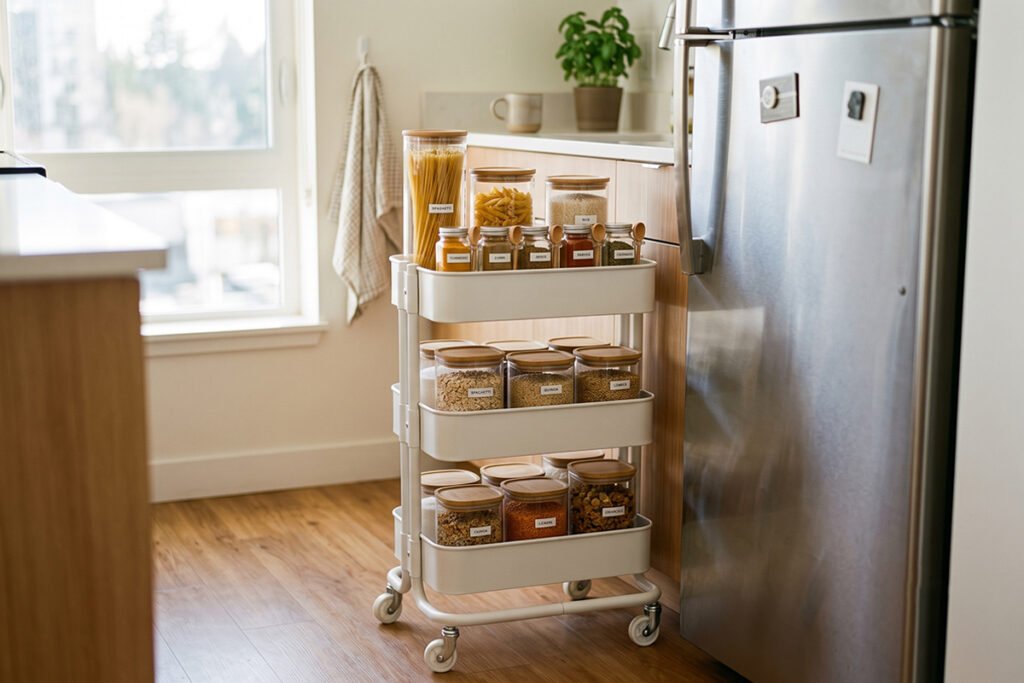 White IKEA rolling cart organizing food storage containers in a small kitchen gap