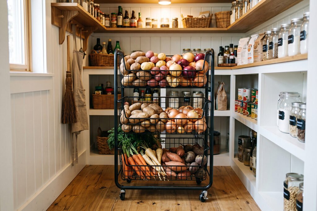 A 3-tier black wire rolling basket cart positioned neatly inside a walk-in pantry.