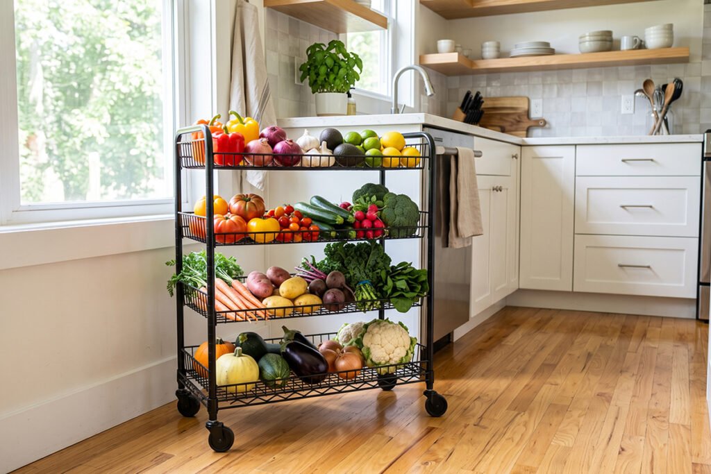 A 4-tier rolling metal wire cart filled with colorful vegetables in a kitchen space.