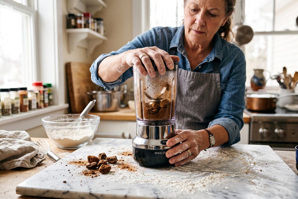 A baker breaking apart hardened seasoning chunks in a small pulse blender.