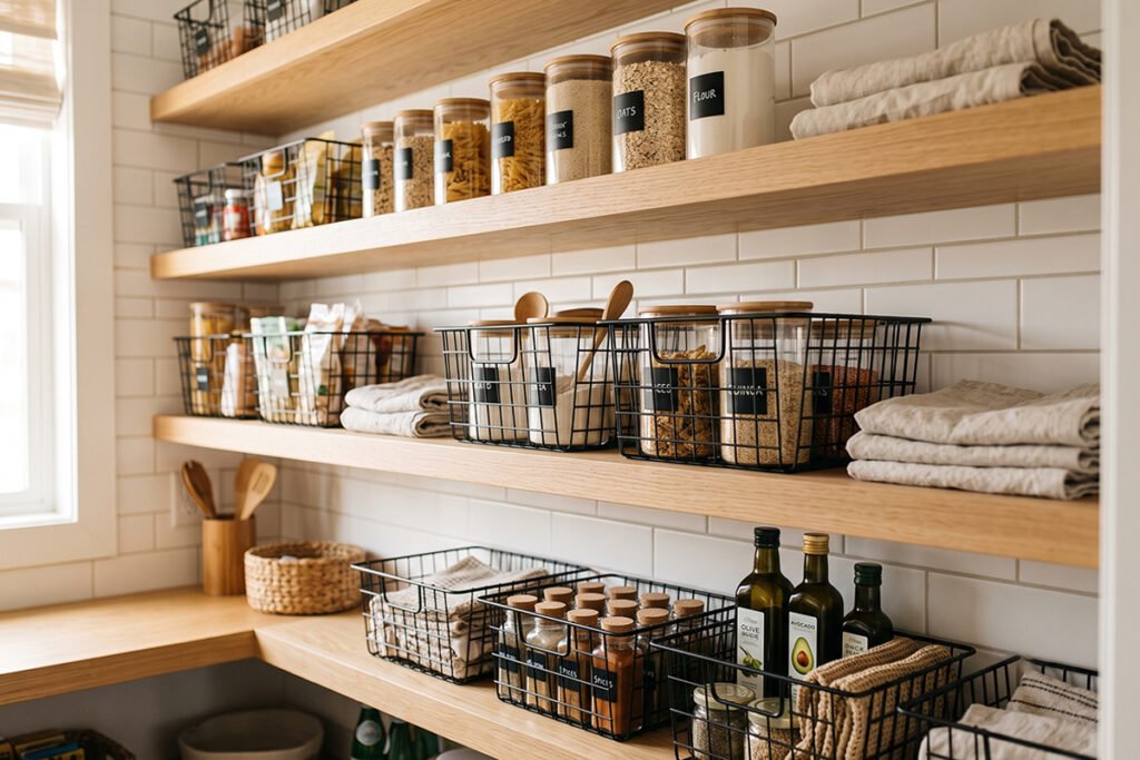 A beautifully arranged modern pantry featuring black metal wire baskets on light wood shelves