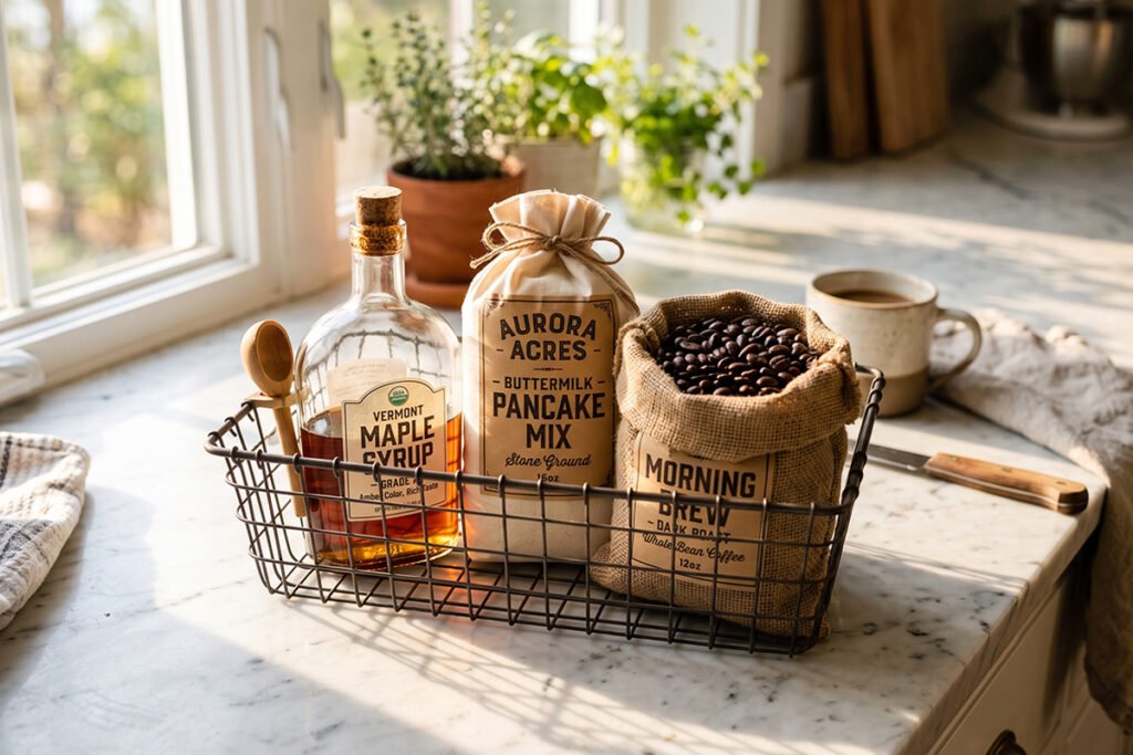 A breakfast-themed basket filled with syrup
