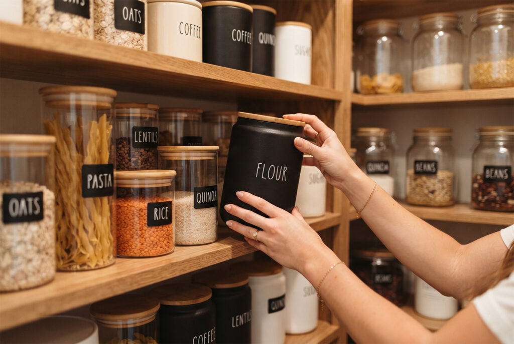 A ceramic container being carefully placed onto a structured pantry shelf