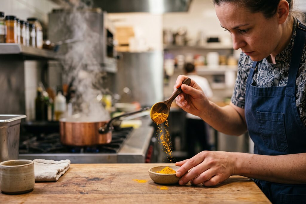 A chef measuring spices into a small ceramic dish instead of shaking over a steaming pot